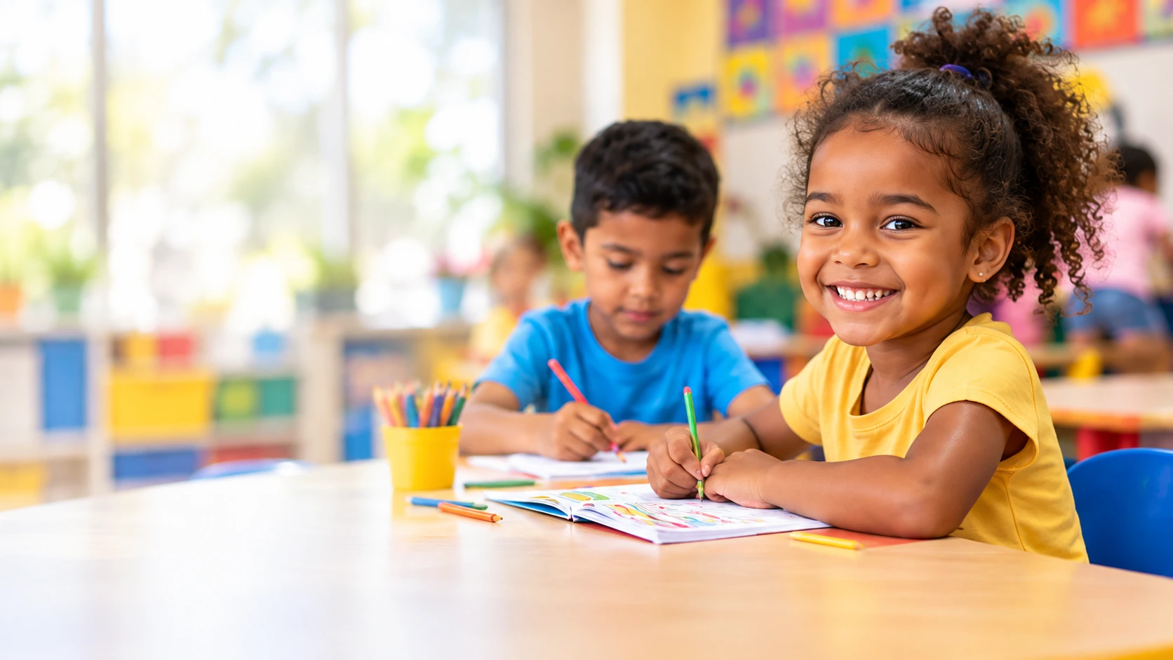 Children drawing in a bright, welcoming preschool classroom