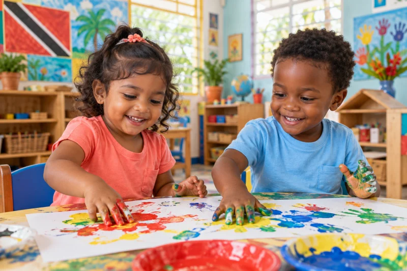 Nursery children enjoying finger painting together