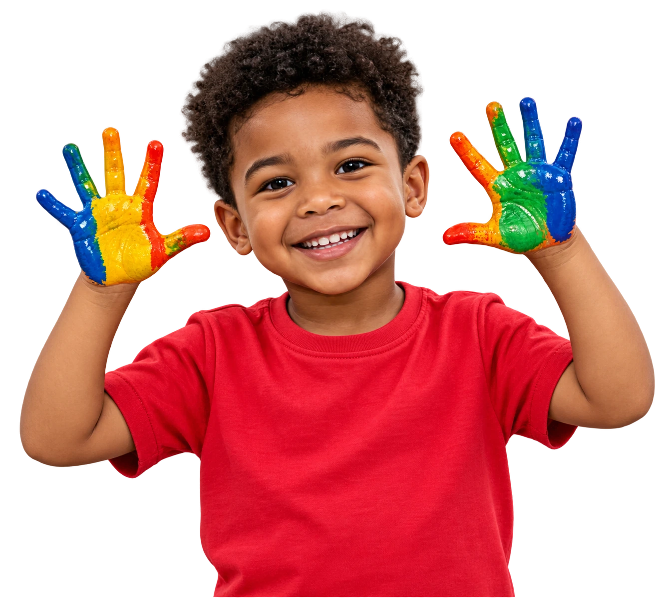Smiling little boy holding up his colourful painted hands