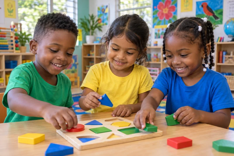 Pre-kindergarten children exploring a shape puzzle