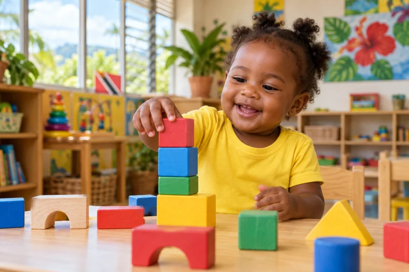 Toddler discovering colourful wooden blocks